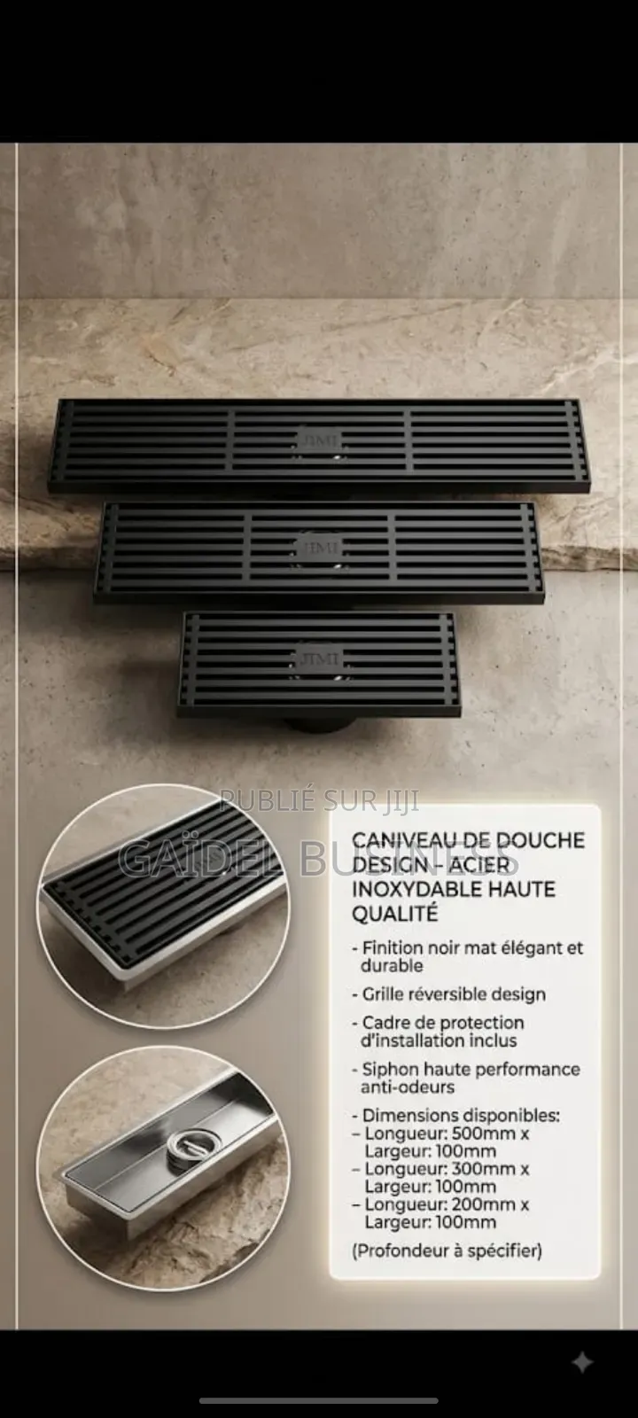 Caniveau De Douche Italien Design JIMI – Acier Inox Noir